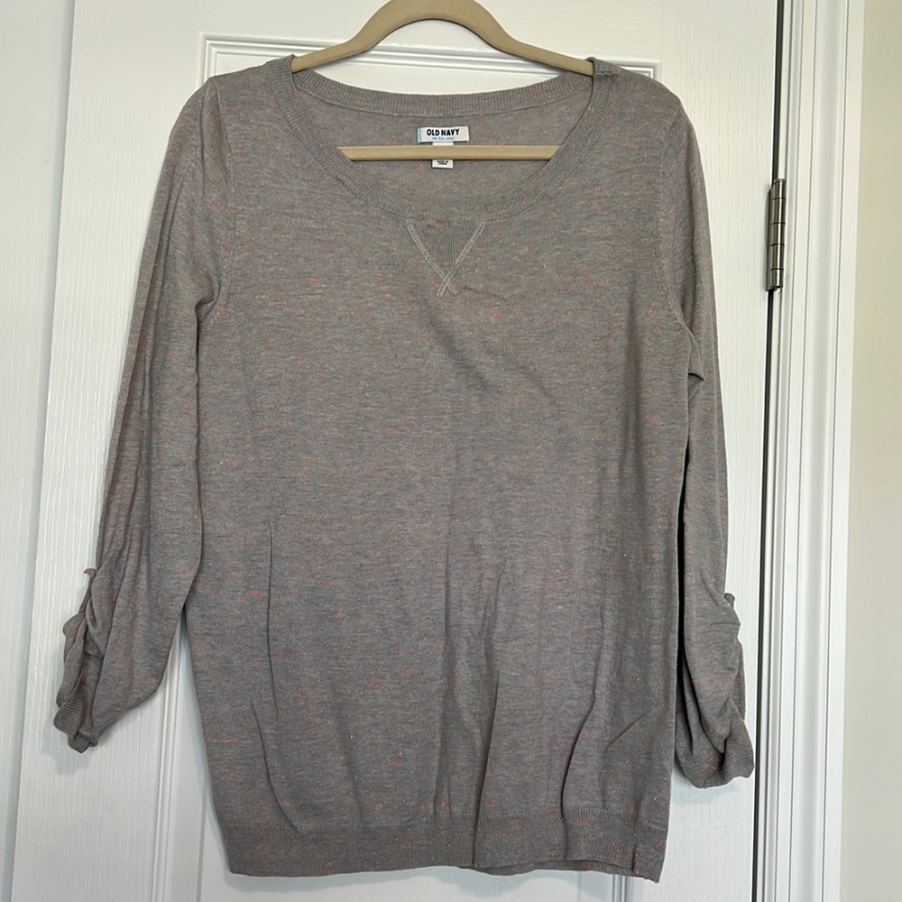 Old Navy grey & neon confetti sweater with rolled sleeves, size large, GUC